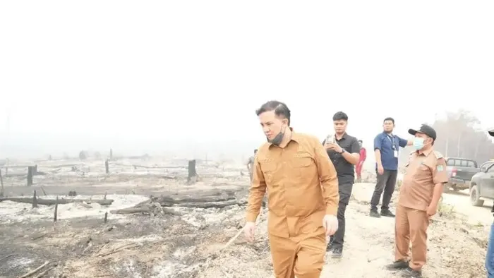 Bupati Lamandau Rizky Aditya Putra mengecek areal konsesi yang terbakar.
